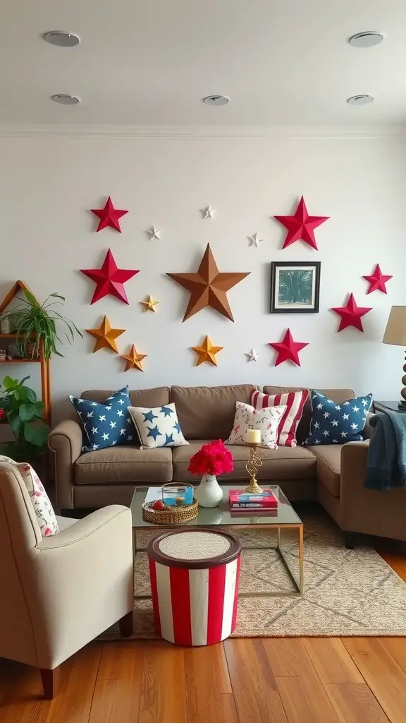 Cozy living room with Americana decor featuring colorful star accents and striped elements.