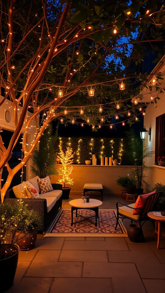 A cozy outdoor patio decorated with fairy lights, showcasing a tree and comfortable seating.