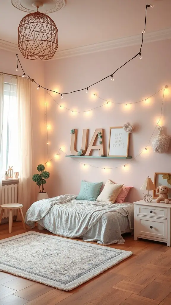 A cozy bedroom with pink walls, string lights, and a bed with a light blue quilt, creating a whimsical atmosphere.