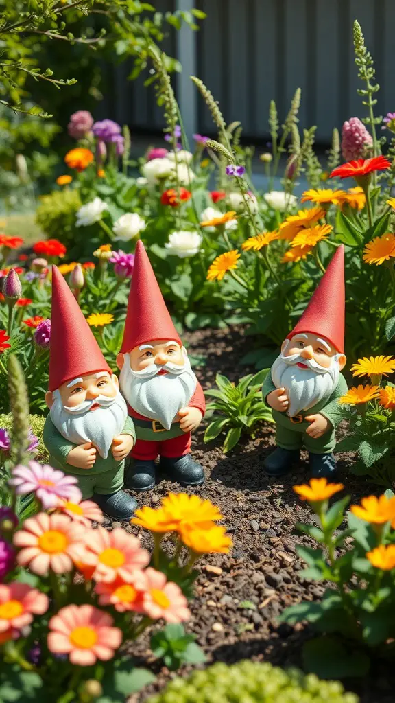 Two garden gnomes in colorful flowers, creating a whimsical garden scene.