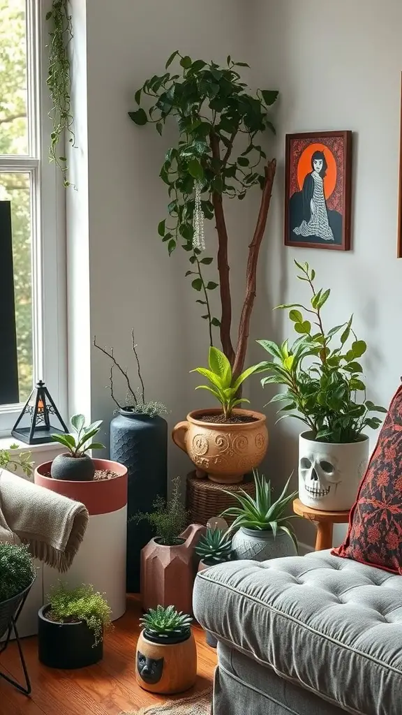 A cozy living room corner featuring various plants in unique pots, including a skull planter, next to a gray couch.