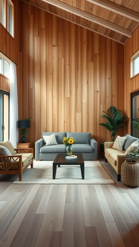 A living room featuring wooden paneling, a gray sofa, vintage chairs, and plants, reflecting a 70s aesthetic.