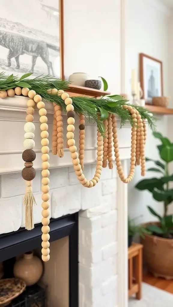 Wooden bead garlands draped over a mantel with greenery and decor items
