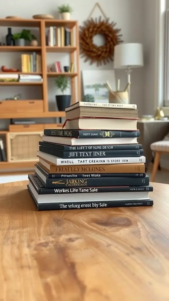 A stack of stylish coffee table books on a wooden table.