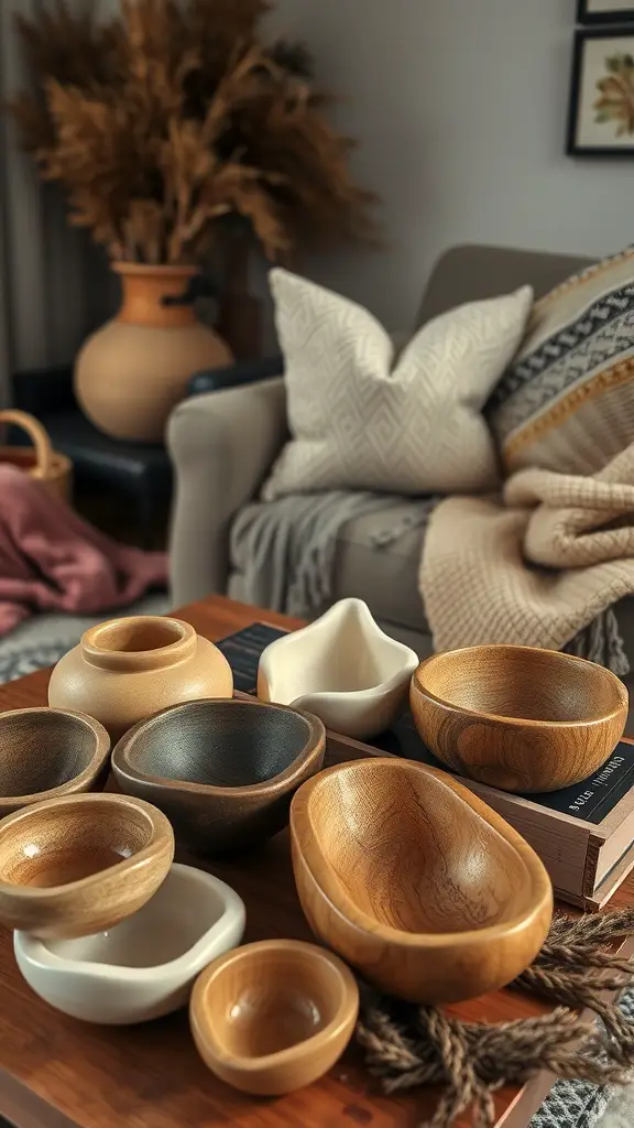 A collection of wooden bowls of various shapes and sizes on a coffee table, surrounded by cozy decor elements.