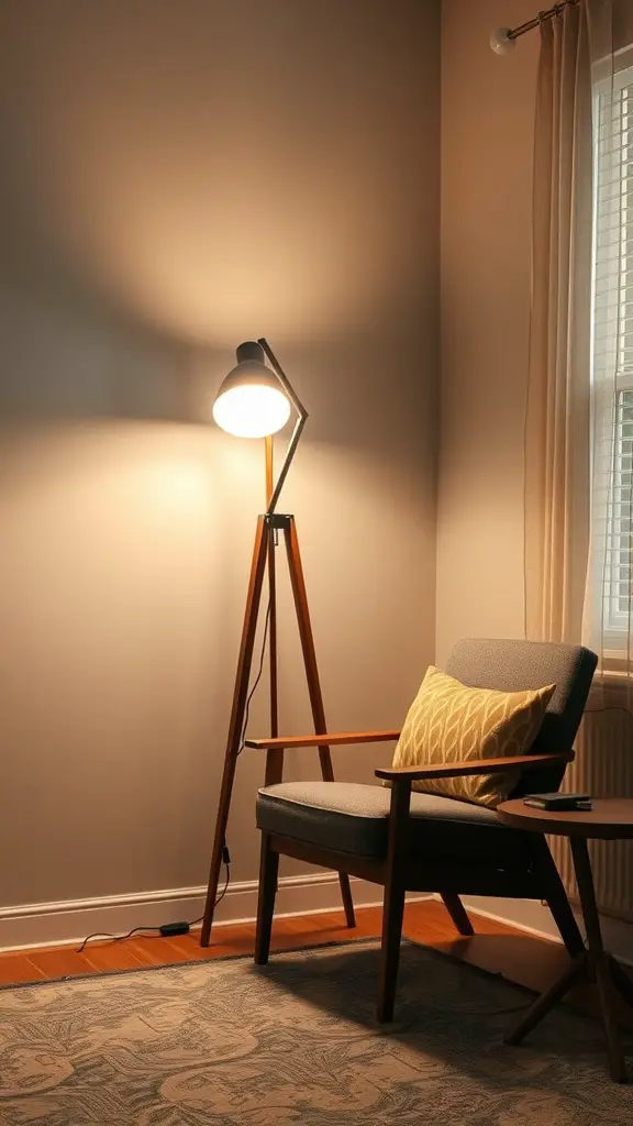 A wooden floor lamp in a cozy living room corner next to an armchair.