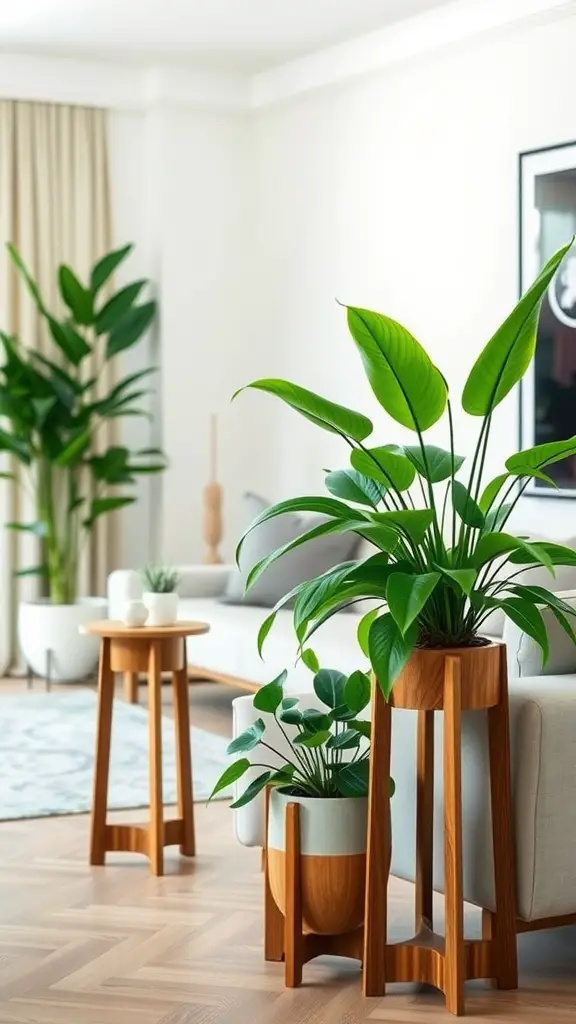 A cozy living room featuring wooden plant stands with green plants, enhancing the natural decor.