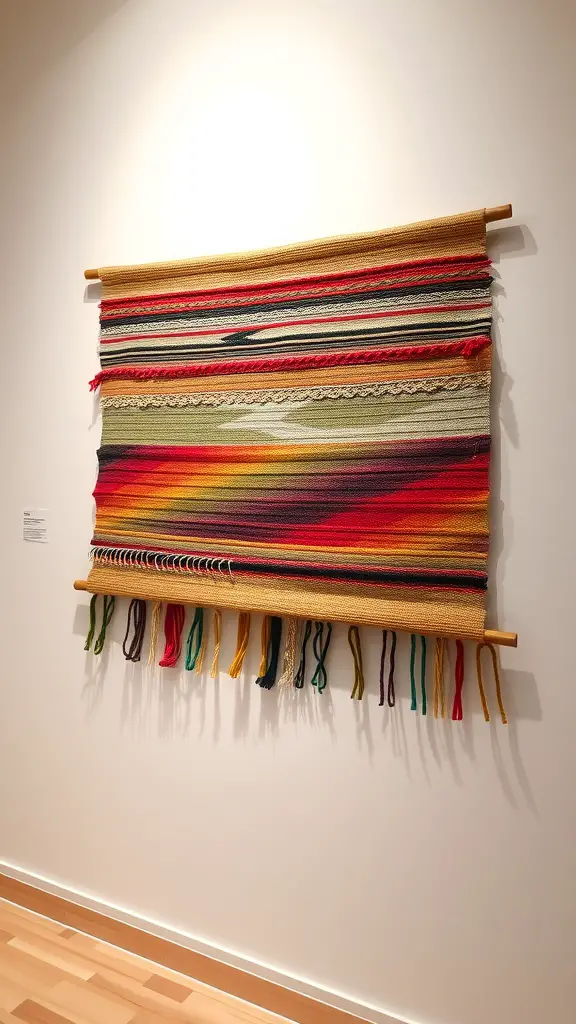 Colorful woven fabric wall art with horizontal stripes and fringed edges.