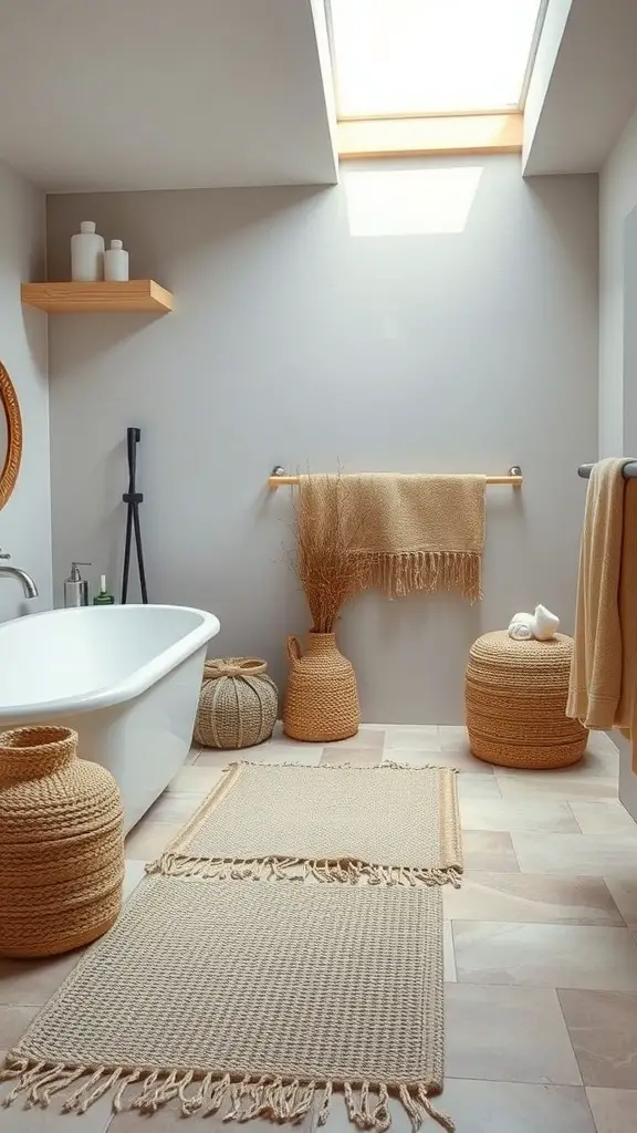 A cozy bathroom featuring a white bathtub, woven rugs, and stylish earthy textiles.