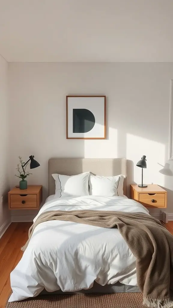 A cozy, small bedroom featuring a bed with floating nightstands, each with a lamp and plant on top.