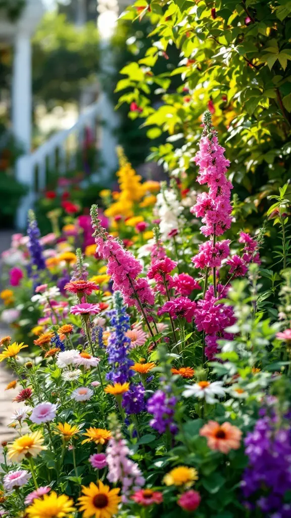 A colorful flower bed with a variety of seasonal flowers in front of a house.