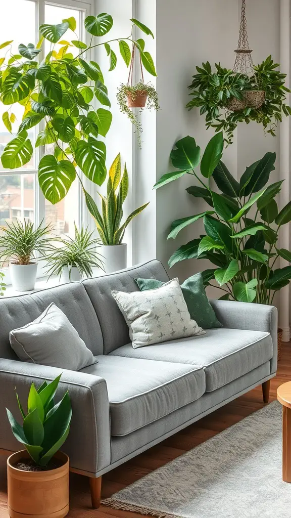 A cozy living room with a grey couch and indoor plants, featuring hanging plants on the wall and potted plants on the floor.