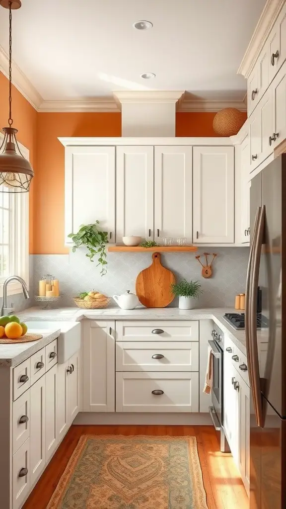 A kitchen featuring white cabinets and a warm orange wall with earthy decor elements.