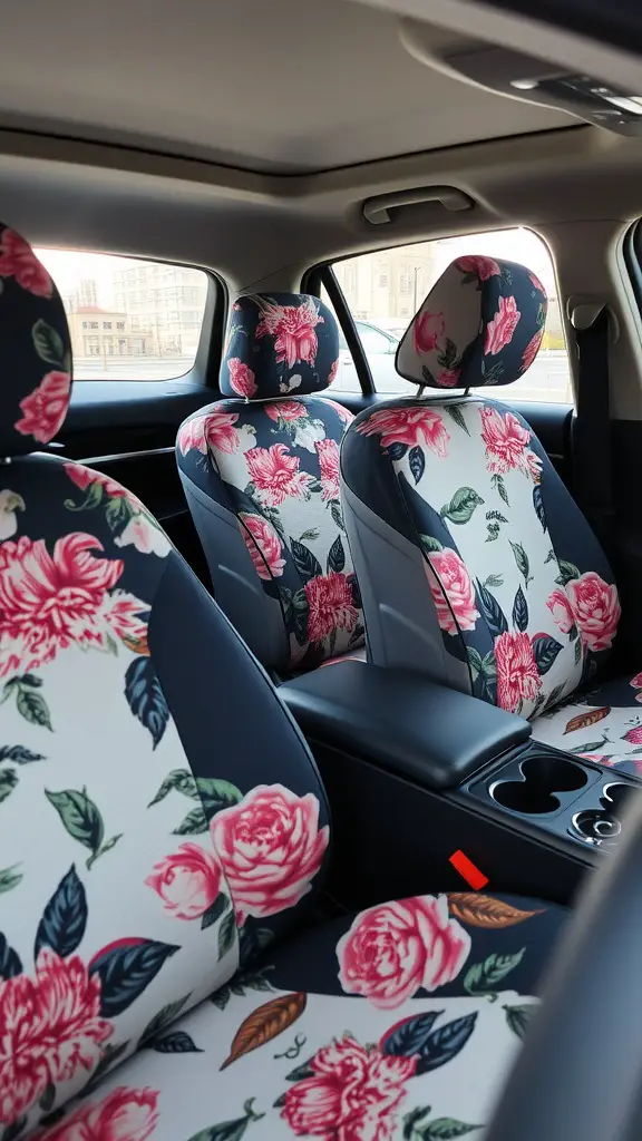 A car interior featuring floral seat covers with roses and leaves.