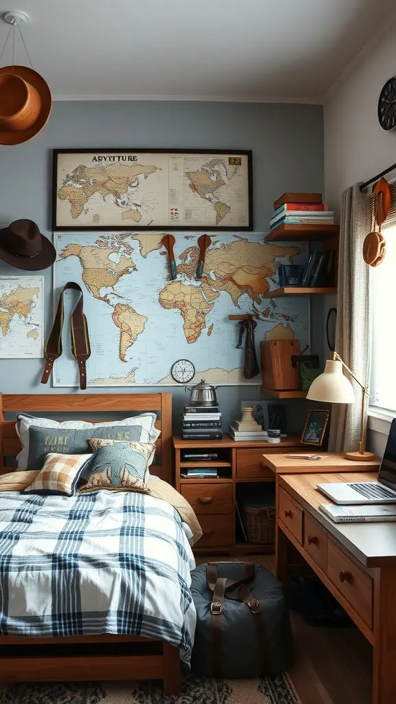 A cozy bedroom with adventure-themed decor, featuring a large world map on the wall, plaid bedding, and travel accessories.