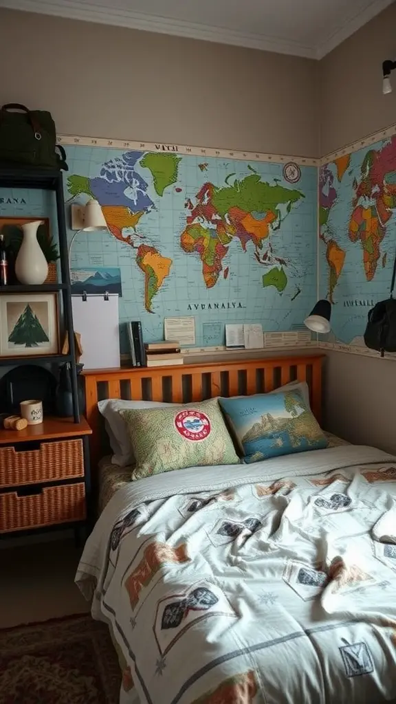 A cozy teenage boy's room featuring travel maps on the walls, a bed with travel-themed pillows, and a shelf with books and decor.