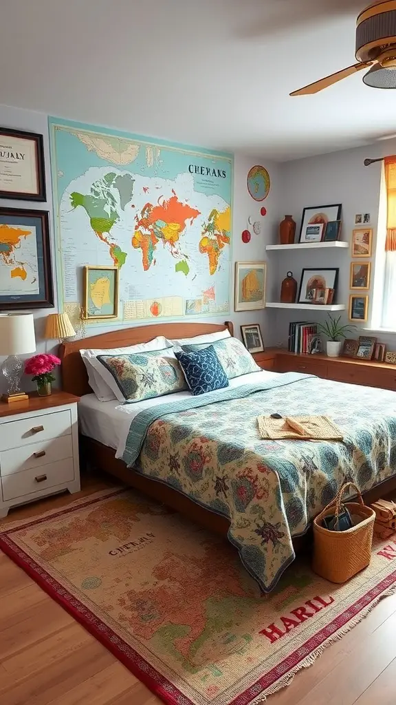 A cozy room with a large world map on the wall, travel-themed decor, plants, and a warm atmosphere.