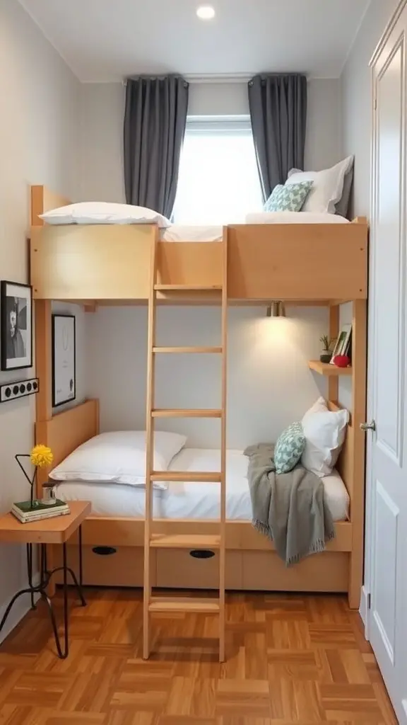 A cozy small room featuring an elevated twin bed with floating shelves, wooden accents, and soft lighting.