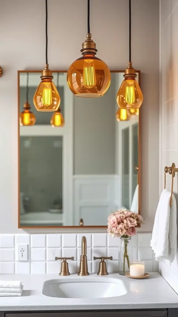 Amber pendant lights above a bathroom vanity mirror