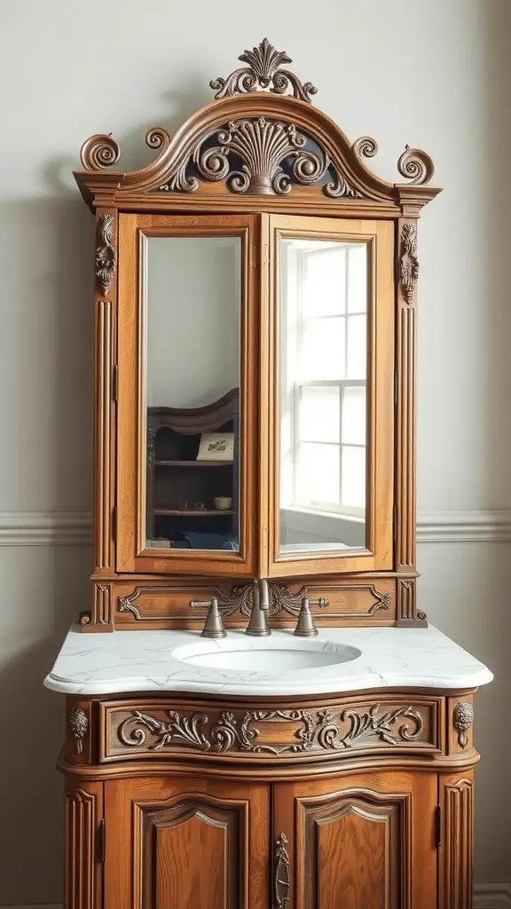 Antique bathroom cabinet with a mirror and a towel hanging, showcasing intricate details and warm wooden texture