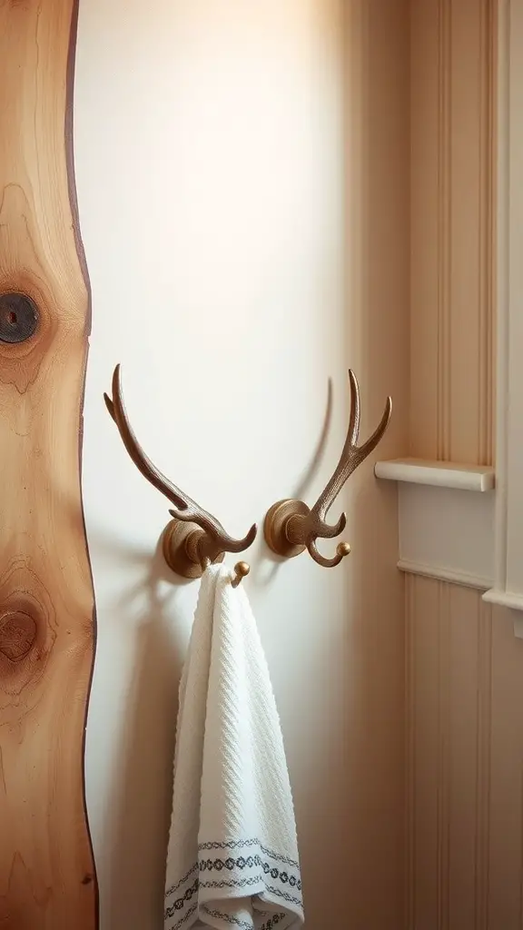 Rustic antler inspired towel hooks on a wooden wall