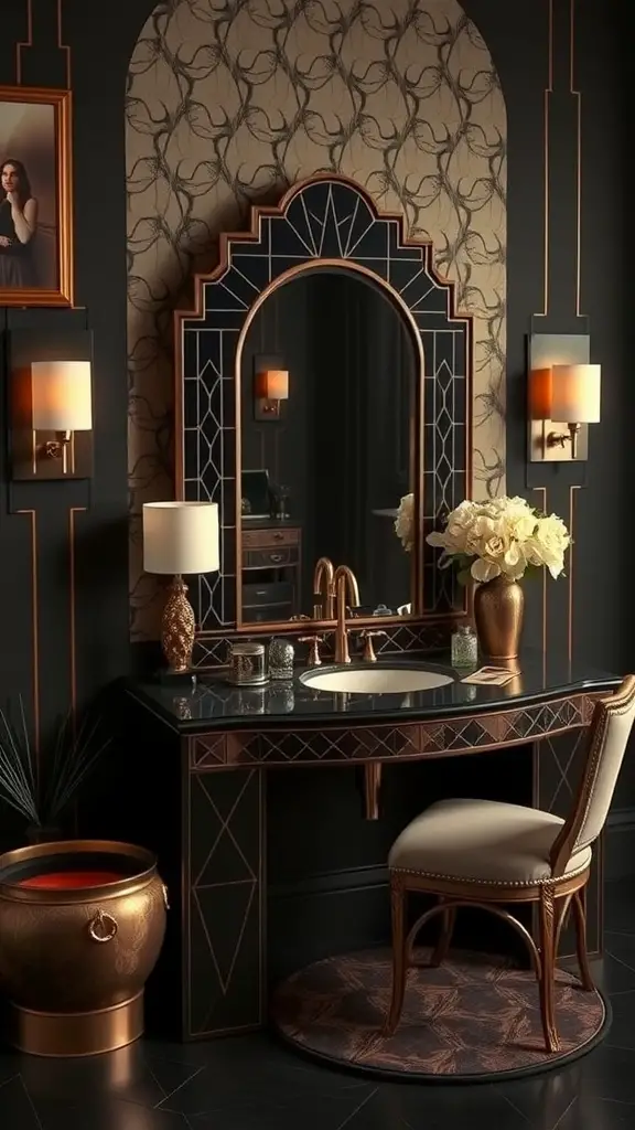 Art Deco style bathroom vanity featuring dark chocolate tones, geometric patterns, elegant mirror, and warm lighting.
