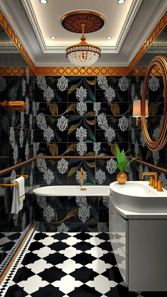 Luxurious black and white bathroom with Art Deco style featuring gold accents and intricate tile designs.