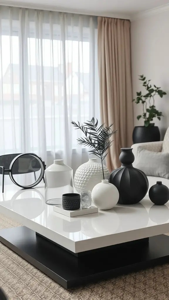 A stylish coffee table decorated with black and white vases and glass objects.