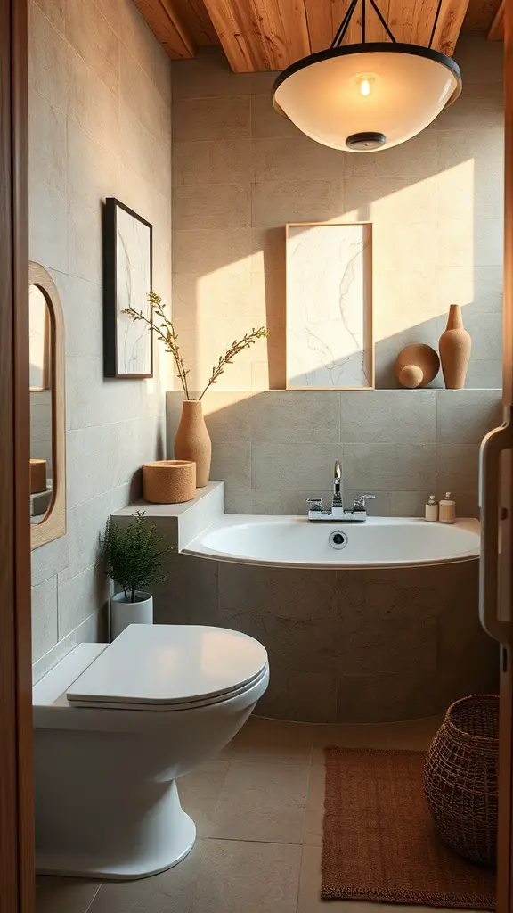 A modern half bathroom featuring earthy tones, wooden ceiling, and minimalistic decor pieces.
