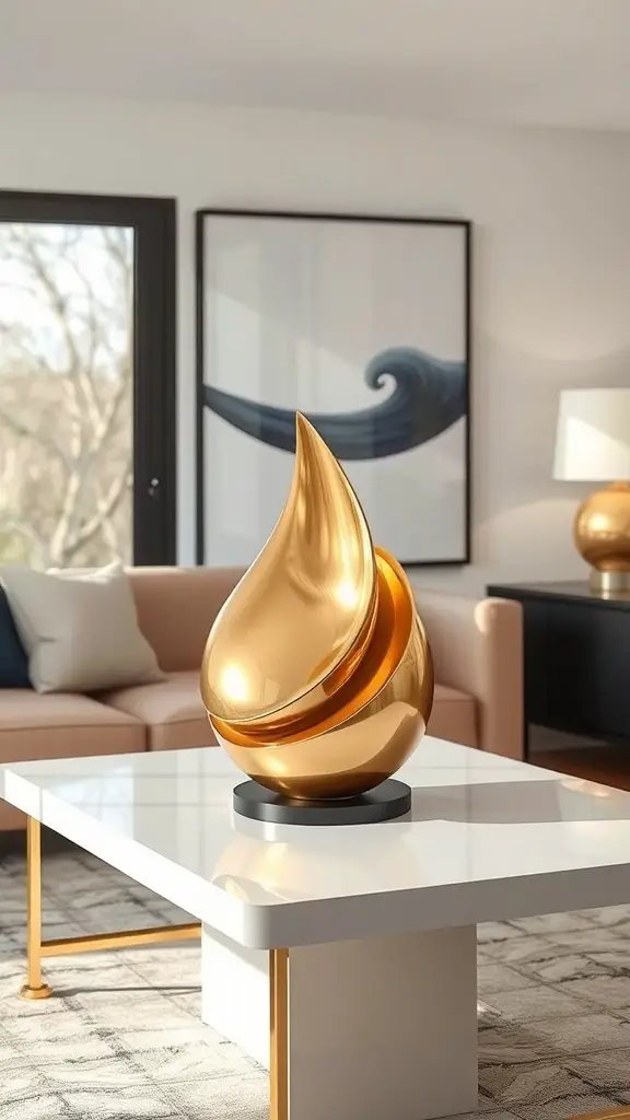 A modern gold sculpture centerpiece on a white coffee table in a stylish living room.