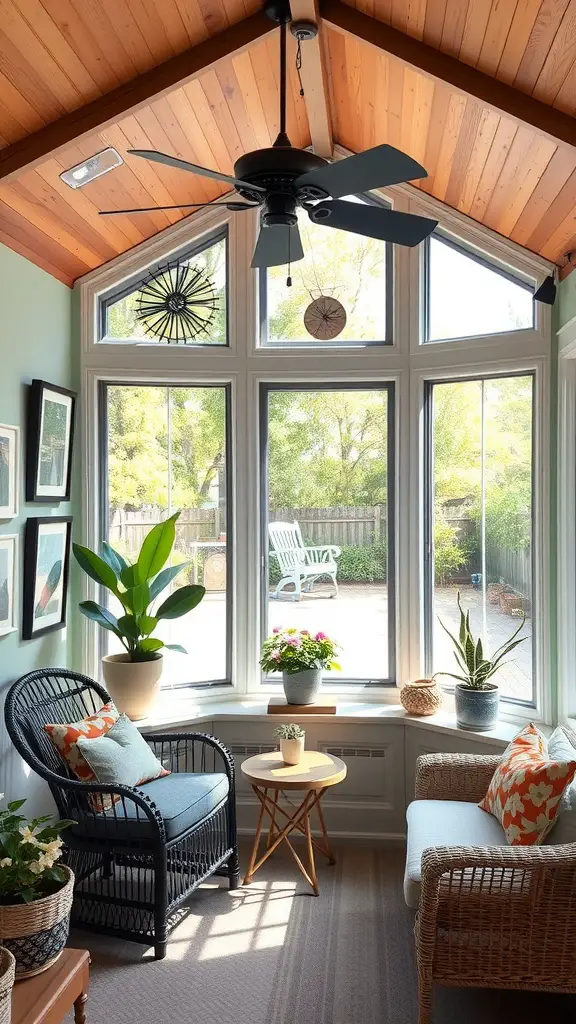 A cozy sunroom featuring a white sofa, wooden coffee table, plants, and art on the walls.