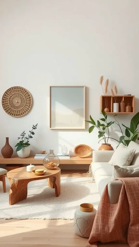 A cozy living room featuring artisan accessories, including a wooden coffee table, natural materials, and potted plants, creating an earthy and inviting atmosphere.