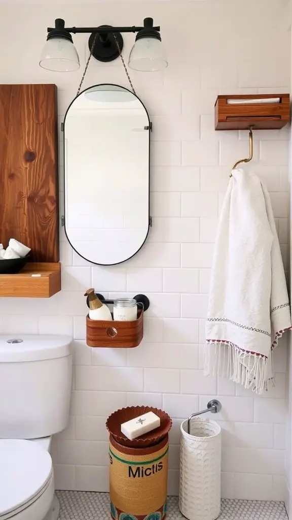 A cozy bathroom featuring a round mirror, brass fixtures, and artisan accessories