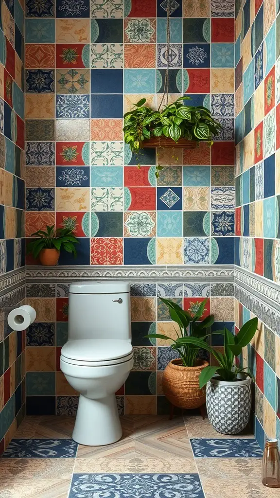 A colorful bathroom featuring artisan handmade tiles with a variety of patterns and colors, complemented by plants.