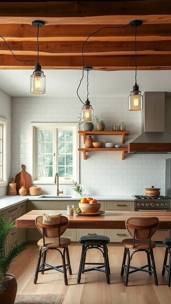 Artisan lighting fixtures hanging above a wooden dining table in a boho style kitchen.