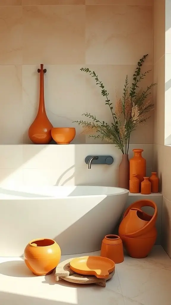 A cozy bathroom featuring artisan orange ceramics like vases and bowls, set against light-colored tiles.