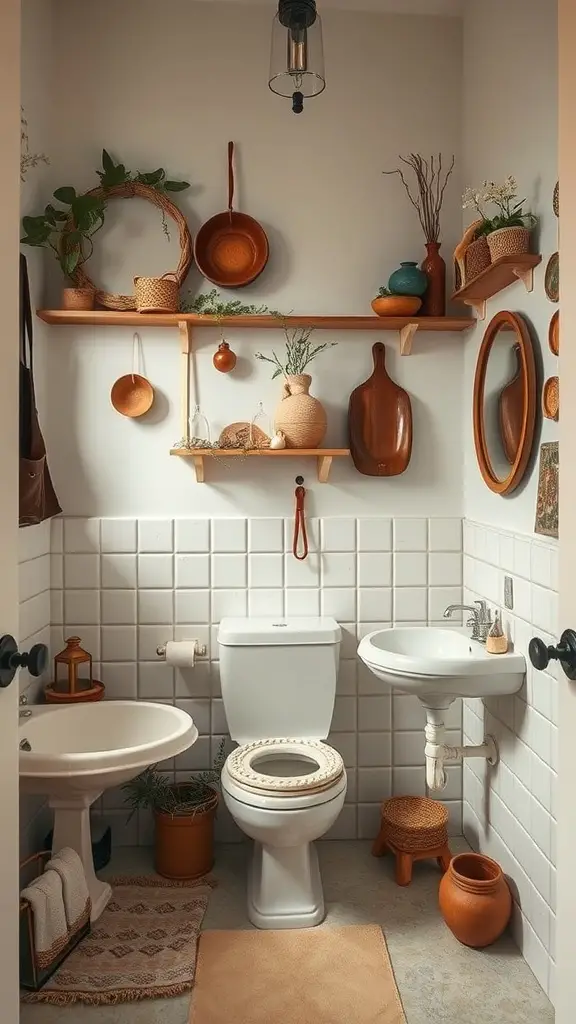 A cozy bathroom featuring artisan pottery decor, plants, and wooden shelves.