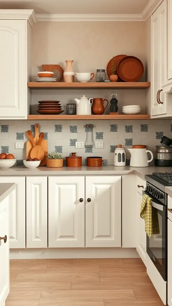 A kitchen with white cabinets showcasing handmade pottery on open shelves, including bowls, vases, and a ceramic pitcher.