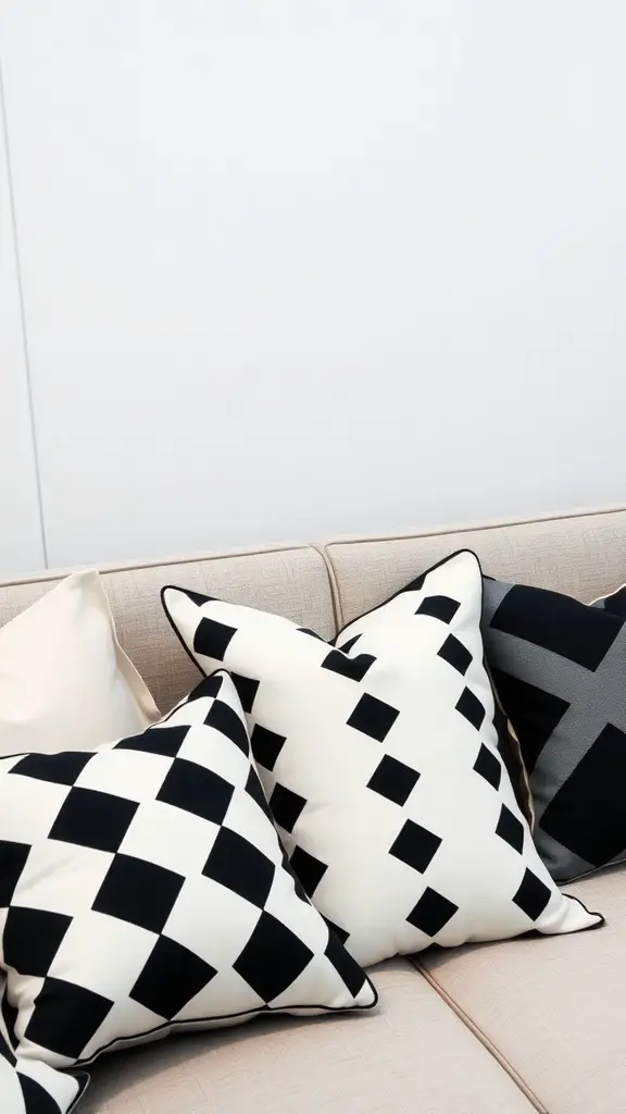 A collection of black and white artistic cushions on a light-colored couch.