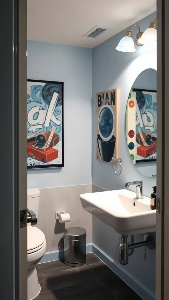 A stylish bathroom with light blue walls and artistic chocolate-themed artwork.