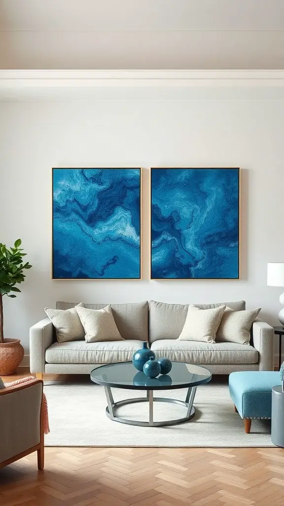 Two abstract blue paintings on a white wall above a beige sofa in a bright living room