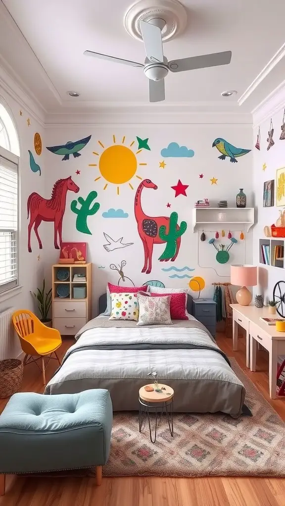 A creative bedroom with colorful wall murals featuring animals and sun, showcasing a playful and artistic vibe.