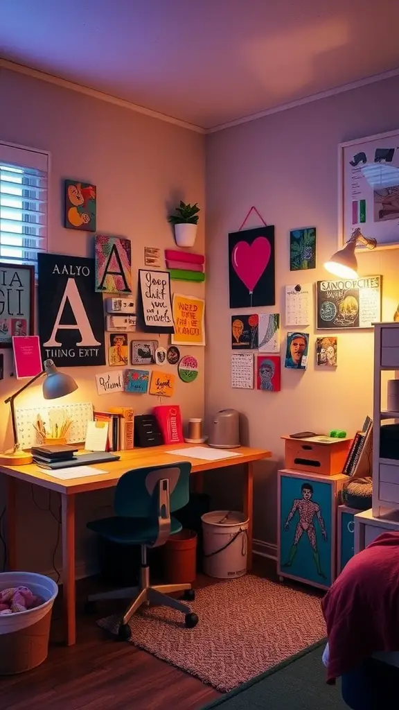 A boy's room featuring colorful wall art, a desk with a lamp, and personal items.
