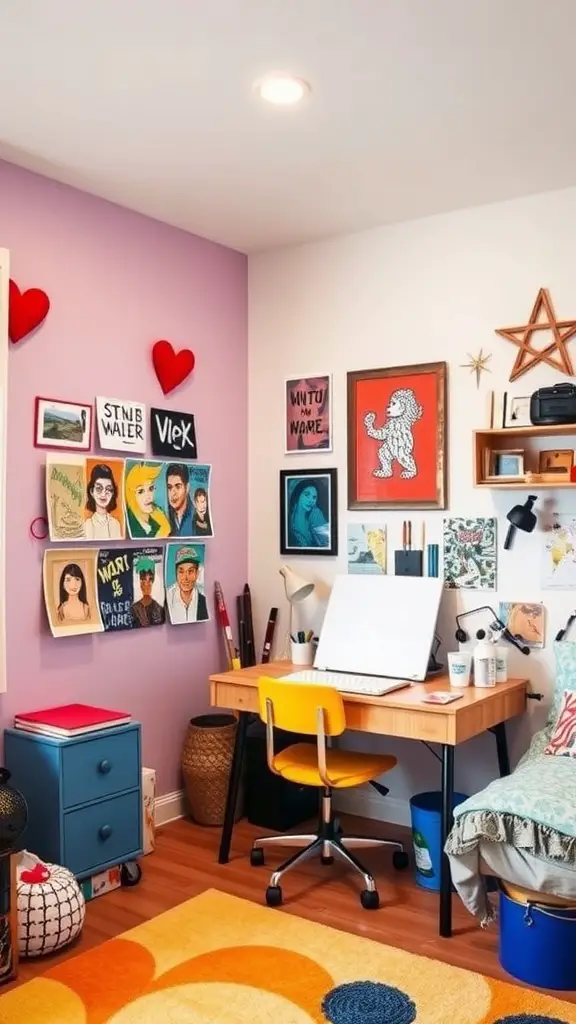 A vibrant teenage boy's room featuring a purple wall with various DIY wall art, a yellow desk chair, and a modern workspace setup.