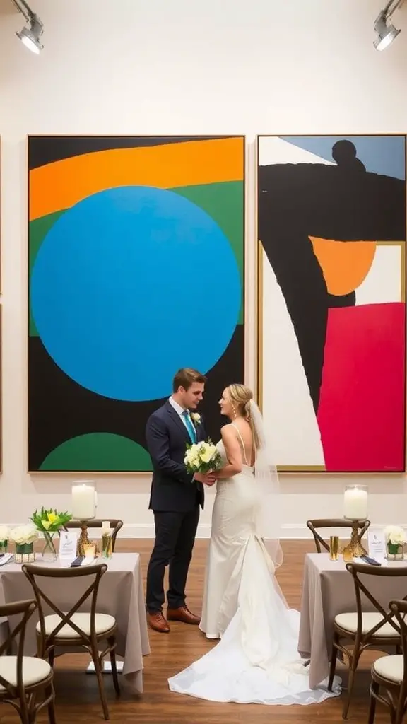 A couple getting married in an art gallery with vibrant paintings and a chandelier.