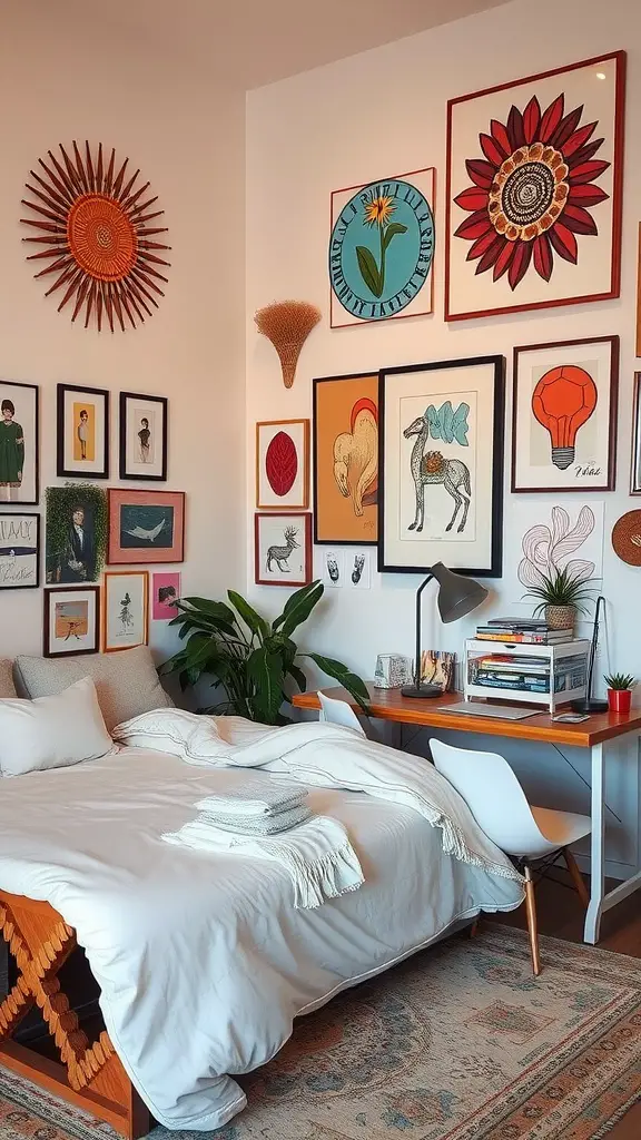 A stylish teen boy bedroom featuring a creative wall art display, cozy bedding, and a productive workspace.