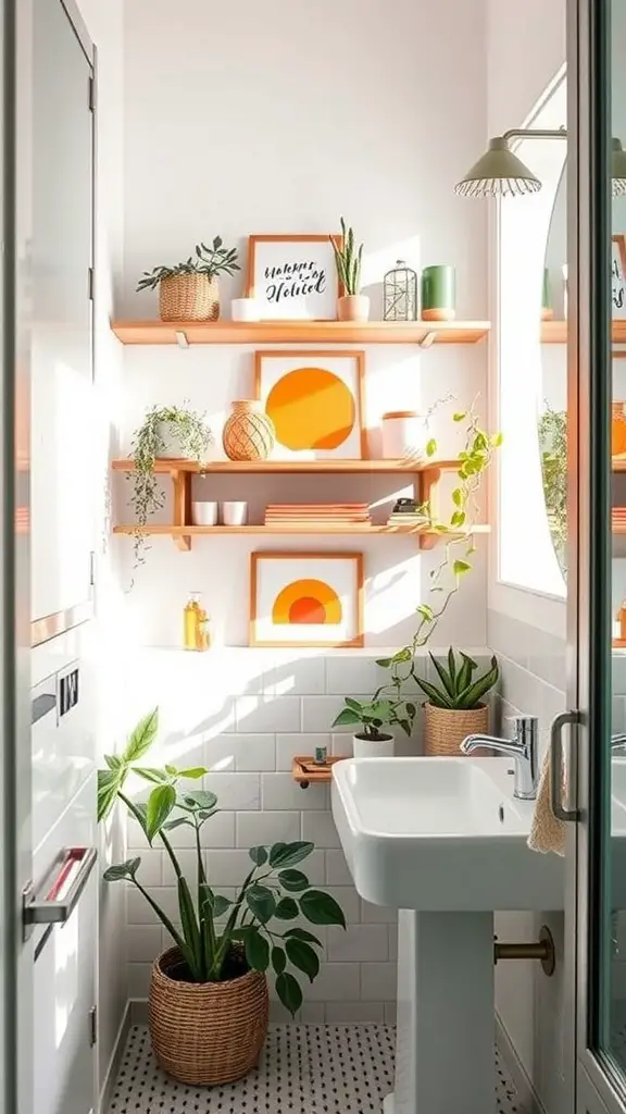 Brightly decorated bathroom with artistic shelving displaying colorful decor and plants.