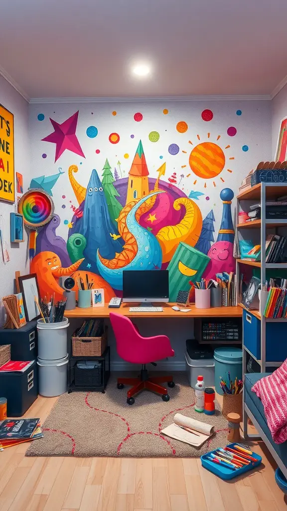 Colorful artistic mural in a teenage girl's room featuring mountains, creatures, and a whimsical landscape.