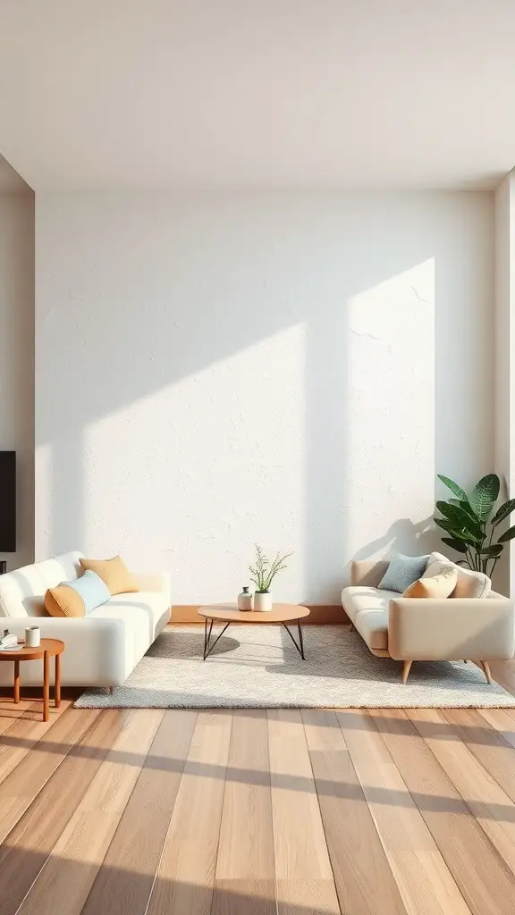 Cozy living room with textured white walls, wooden floor, and minimalist decor.