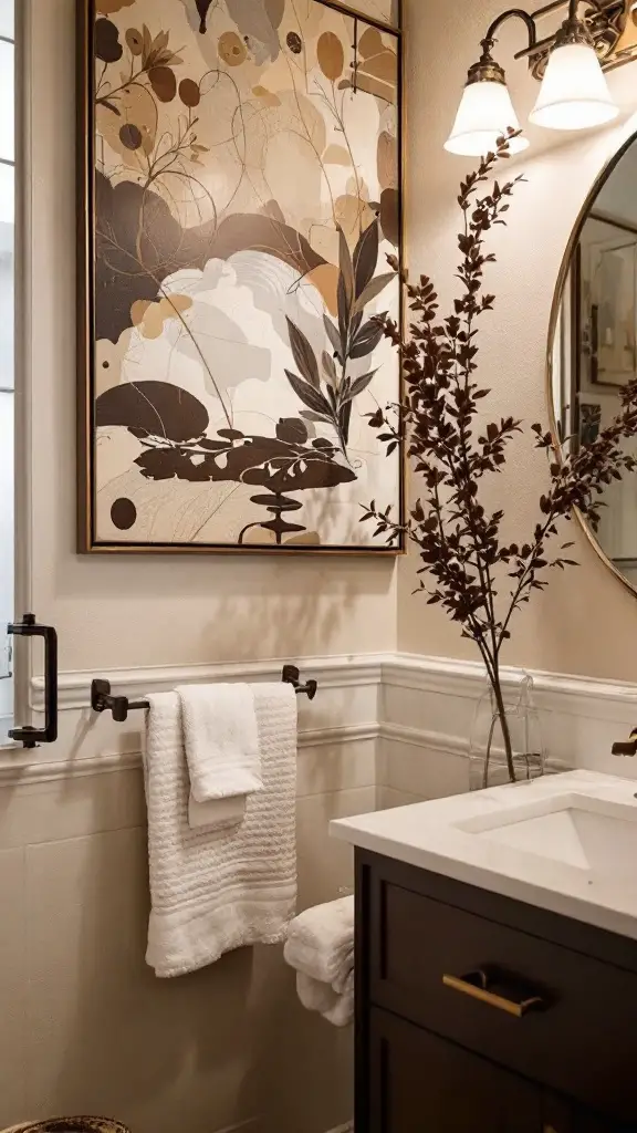 Artwork of a vintage bathtub in a chocolate and cream themed bathroom